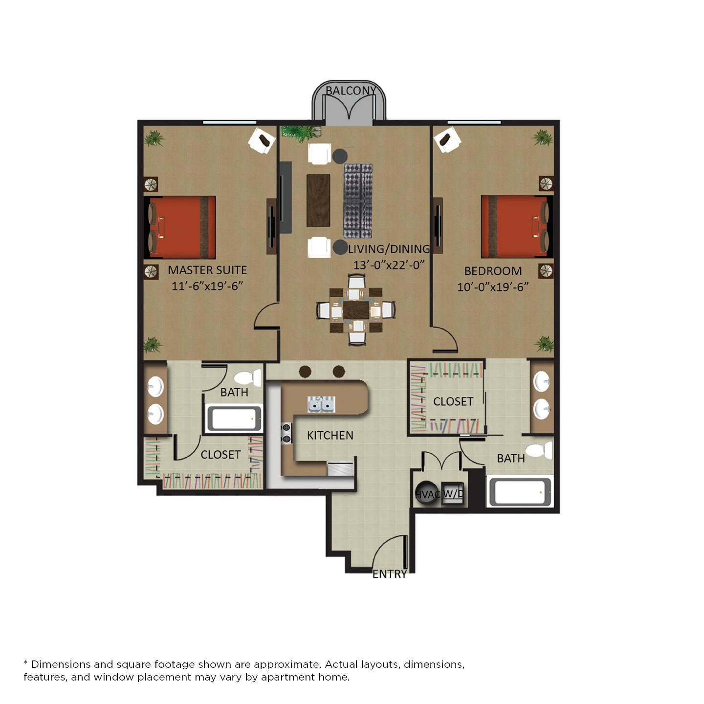 Floor plan for 2 beds, 2 baths, 1079 sqft